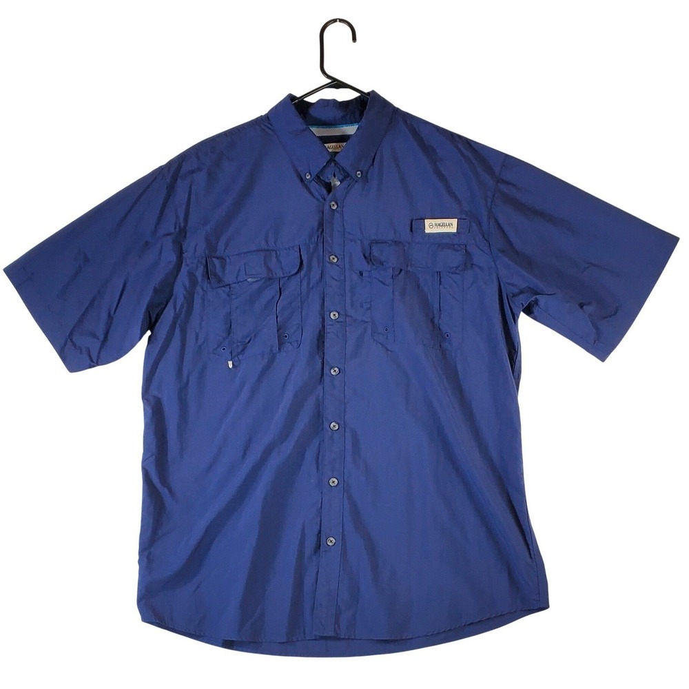 Magellan Outdoors Mens XL-T Blue‎ Fish Gear Relaxed Fit Short Sleeve Button Up